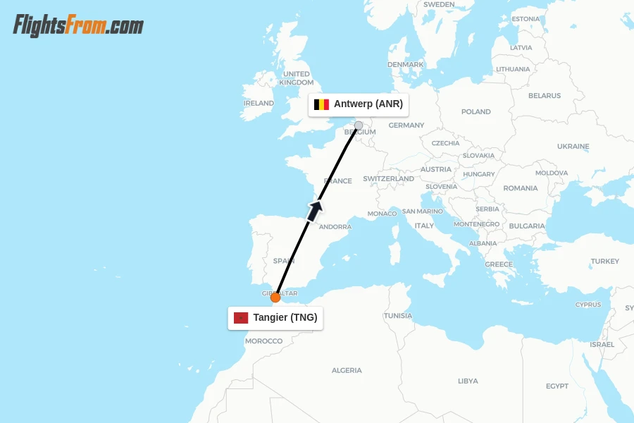 Flights from Tangier to Antwerp route map