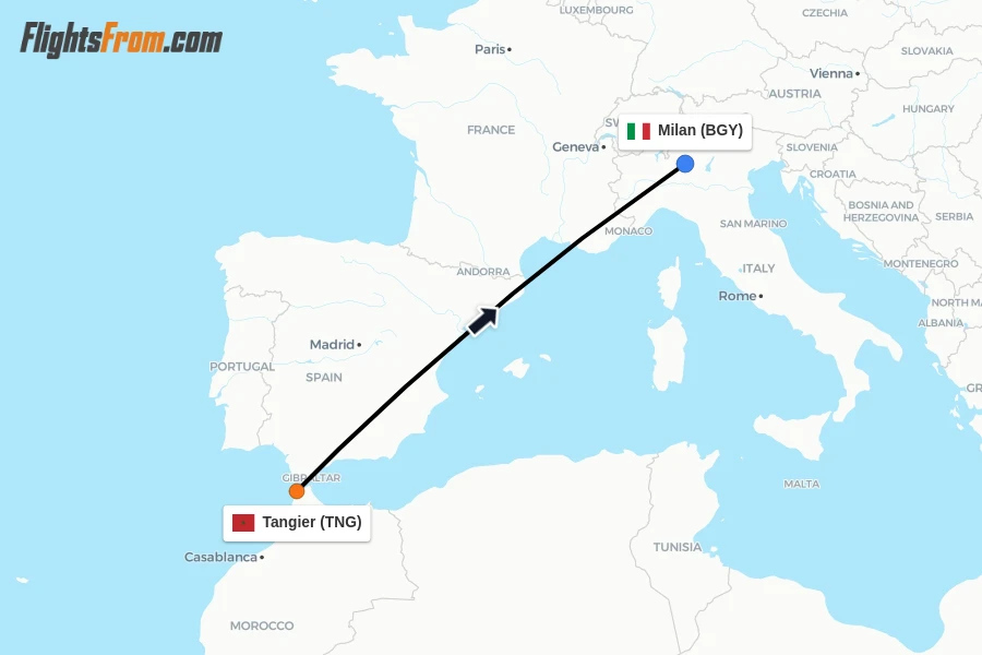 Flights from Tangier to Milan route map