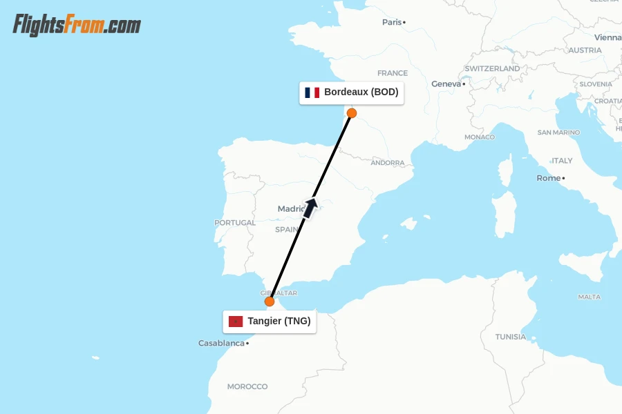 Flights from Tangier to Bordeaux route map