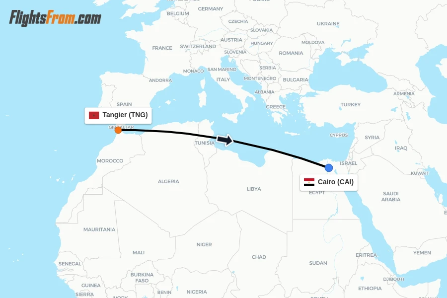 Flights from Tangier to Cairo route map