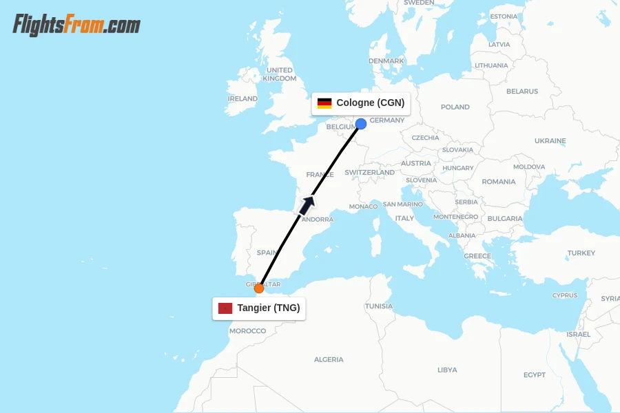 Flights from Tangier to Cologne route map