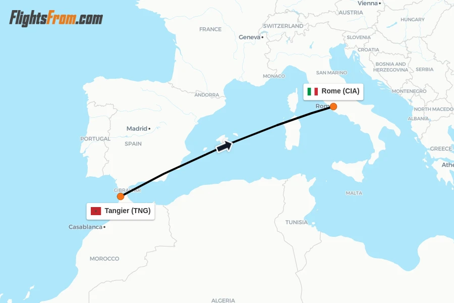 Flights from Tangier to Rome route map