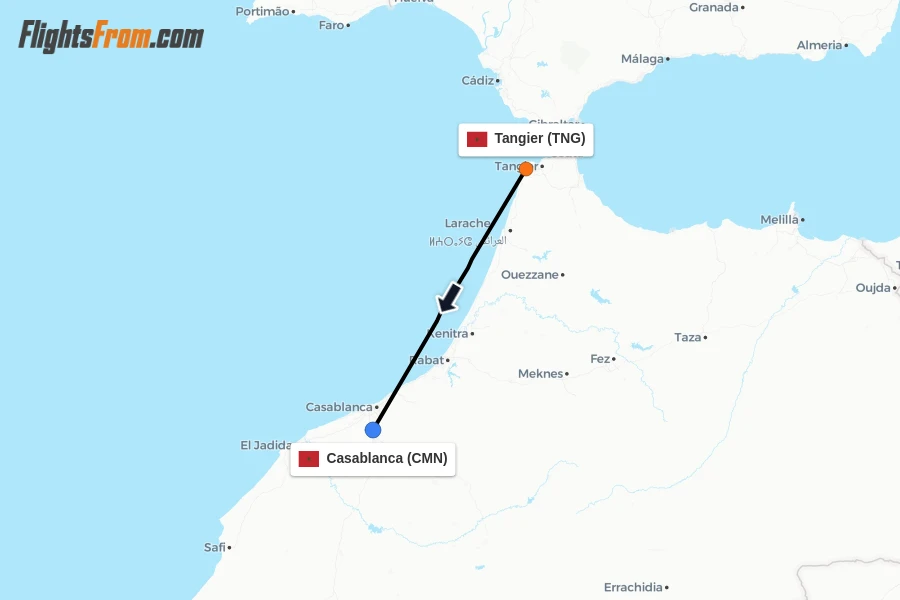 Flights from Tangier to Casablanca route map
