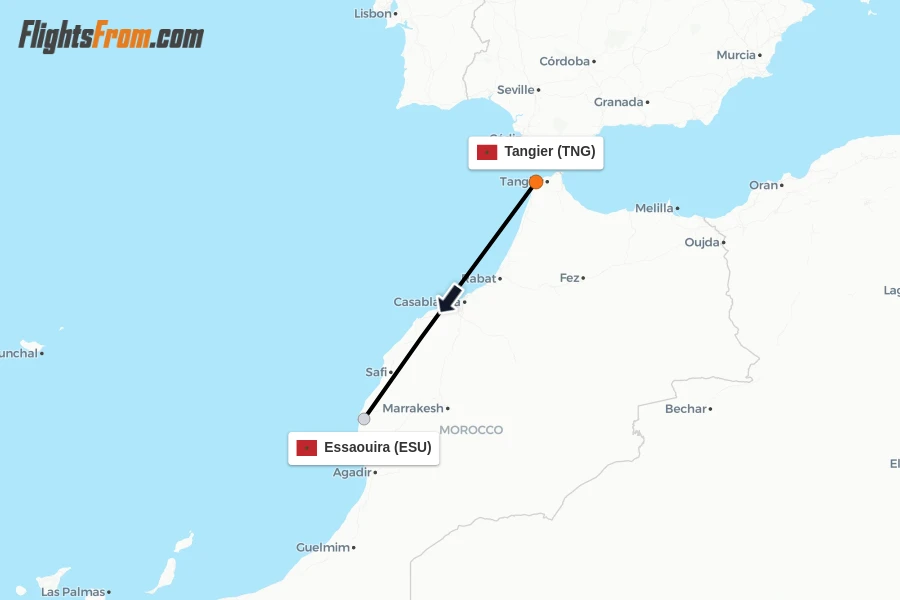 Flights from Tangier to Essaouira route map