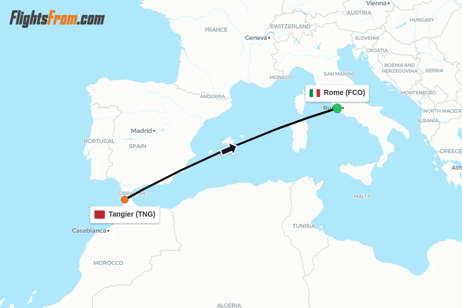 Flights from Tangier to Rome route map