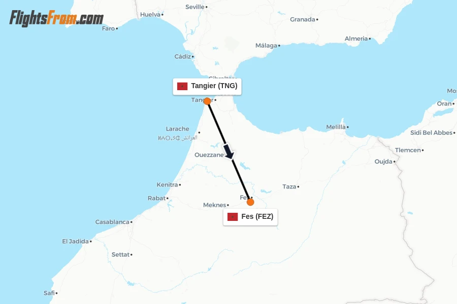 Flights from Tangier to Fes route map