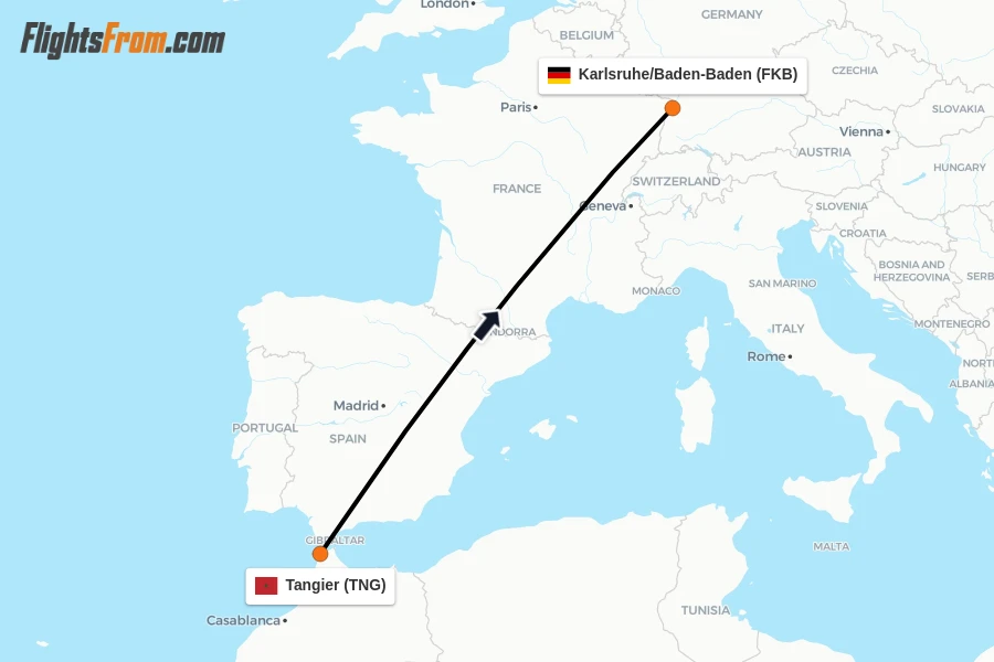 Flights from Tangier to Karlsruhe/Baden-Baden route map