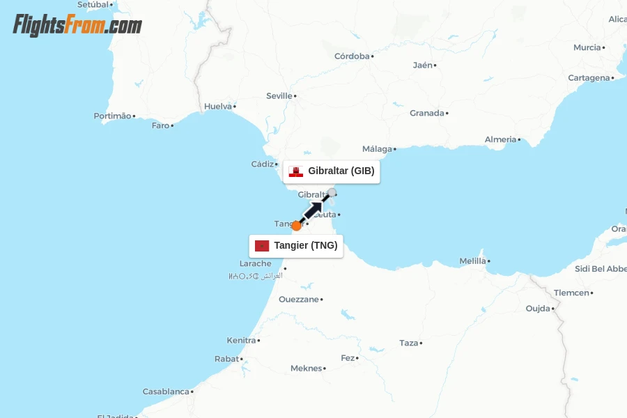 Flights from Tangier to Gibraltar route map