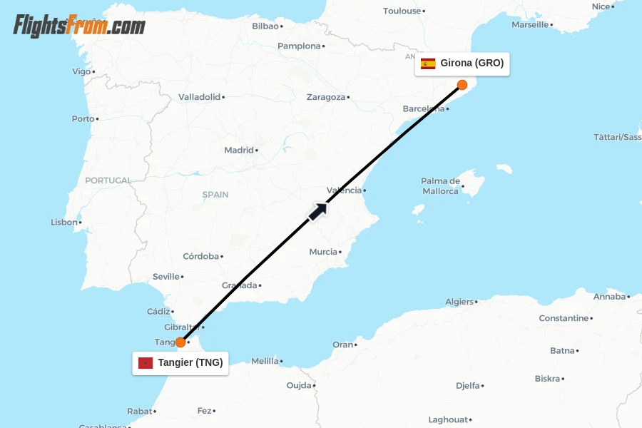 Flights from Tangier to Girona route map