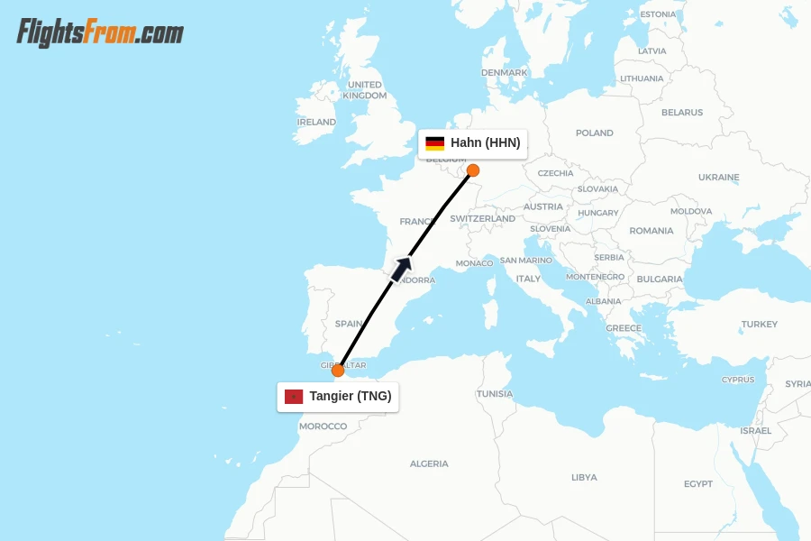 Flights from Tangier to Hahn route map