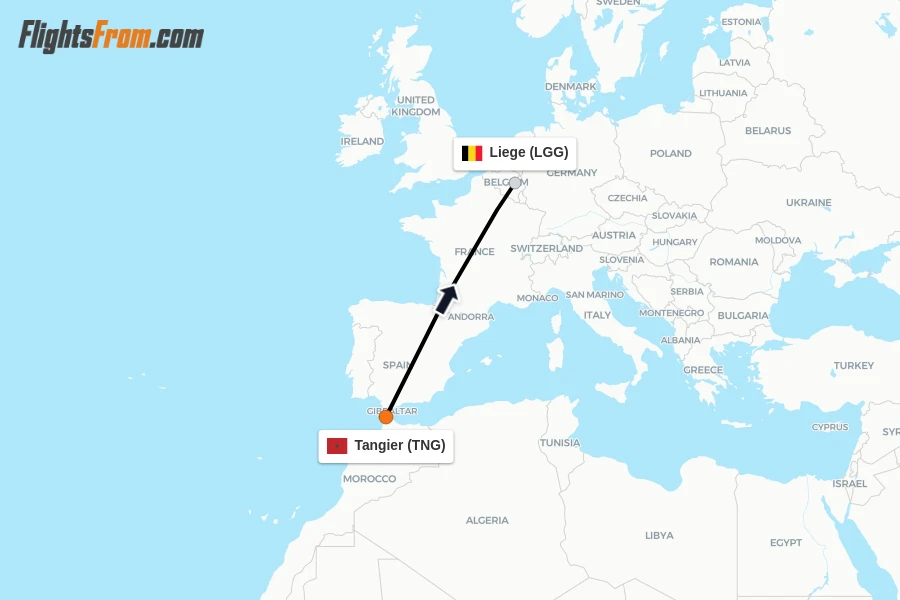 Flights from Tangier to Liege route map