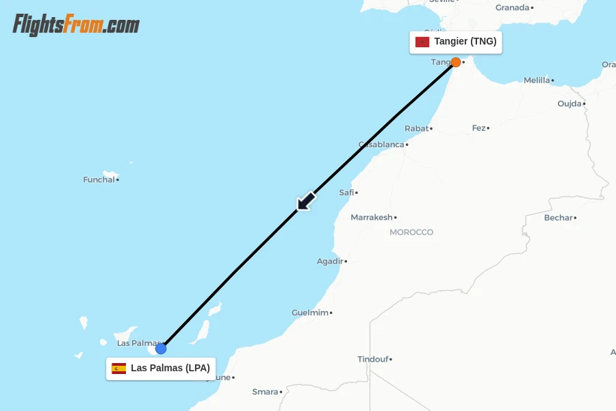 Flights from Tangier to Las Palmas route map