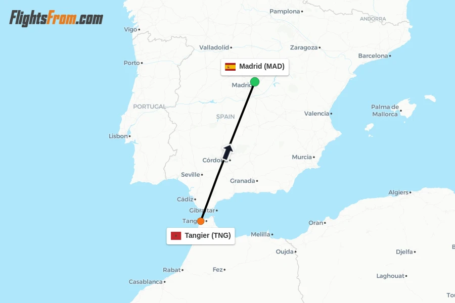 Flights from Tangier to Madrid route map