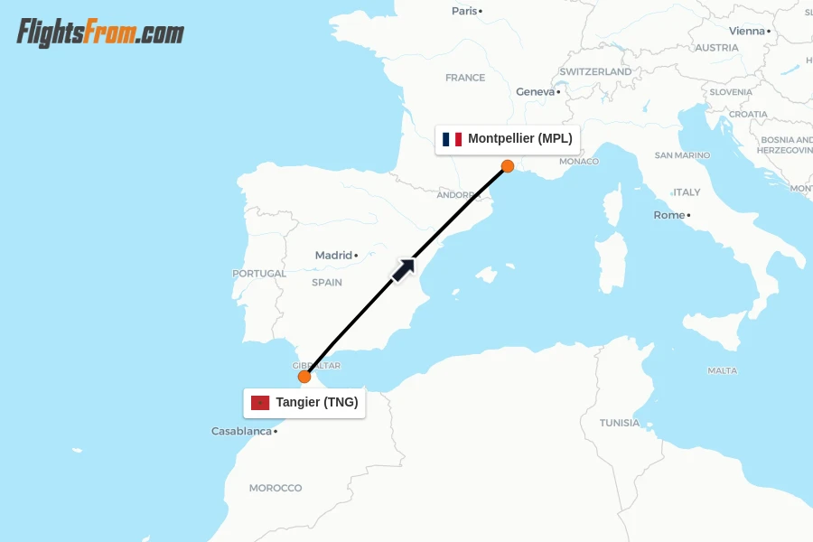 Flights from Tangier to Montpellier route map