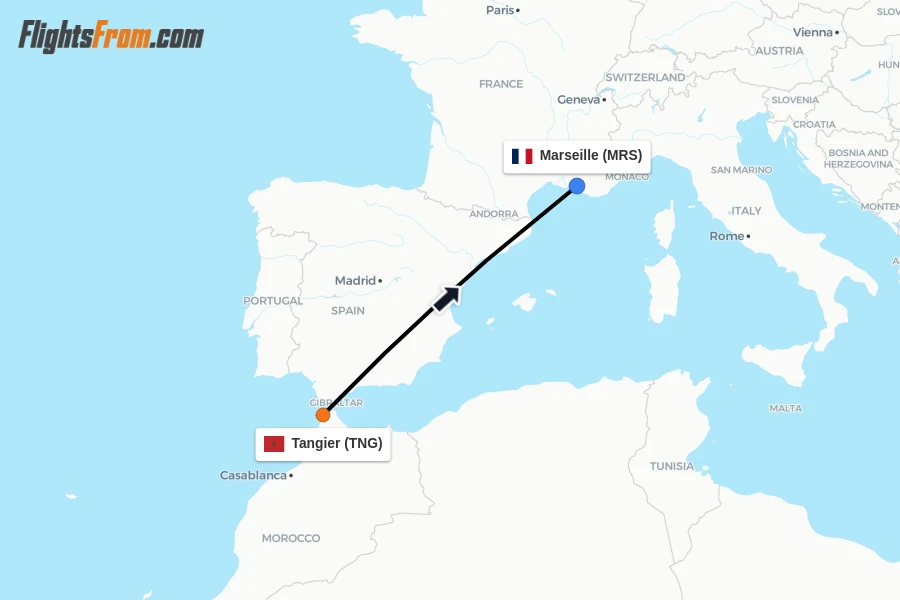 Flights from Tangier to Marseille route map