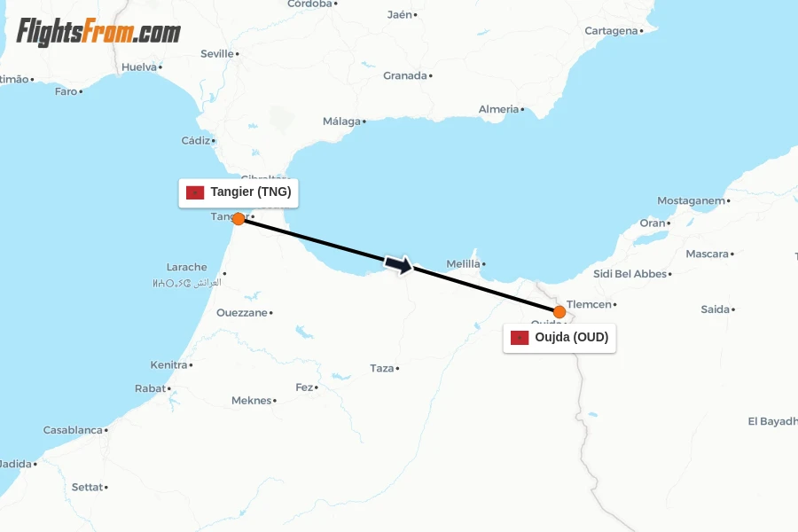 Flights from Tangier to Oujda route map