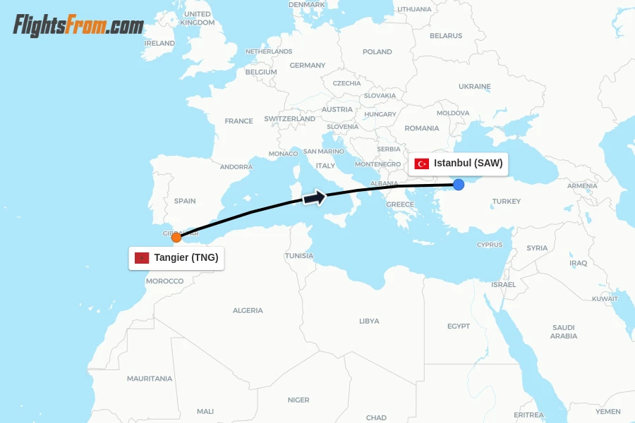 Flights from Tangier to Istanbul route map