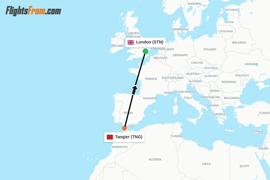 Flights from Tangier to London route map
