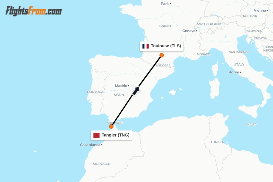 Flights from Tangier to Toulouse route map