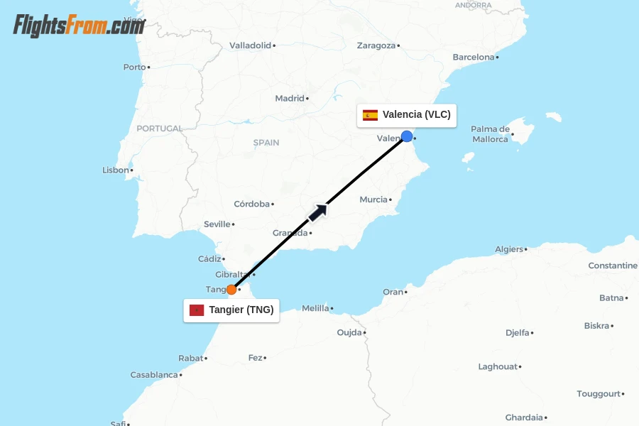 Flights from Tangier to Valencia route map