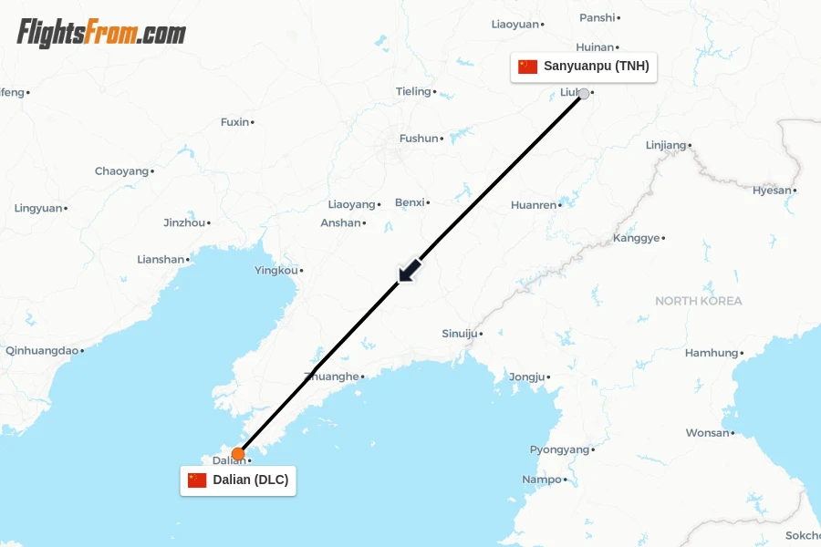 Flights from Sanyuanpu to Dalian route map