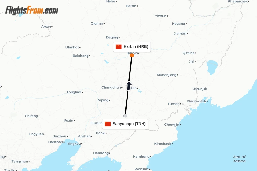 Flights from Sanyuanpu to Harbin route map