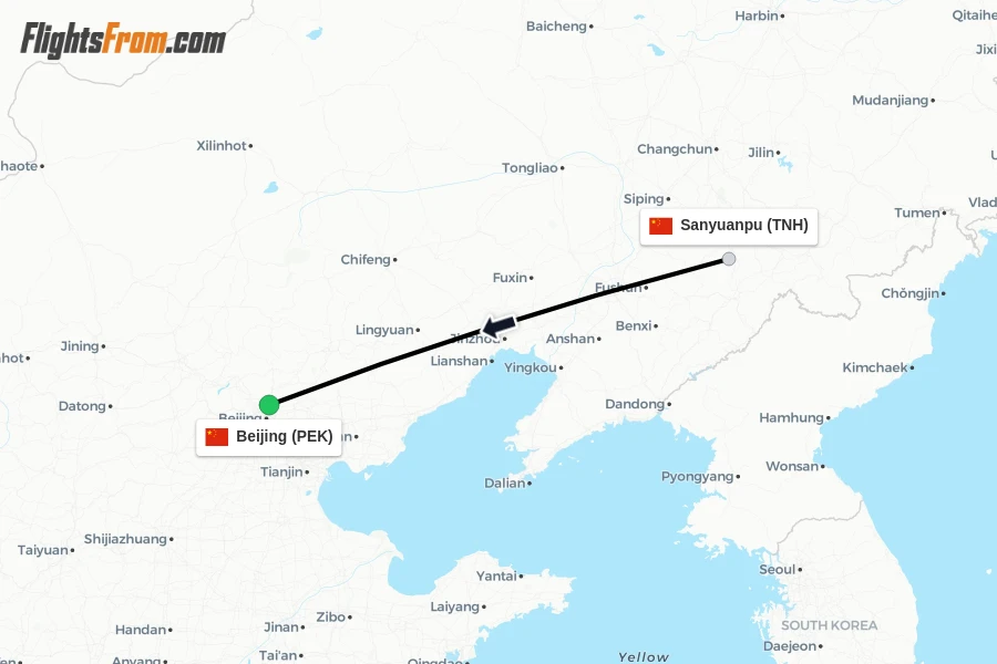 Flights from Sanyuanpu to Beijing route map