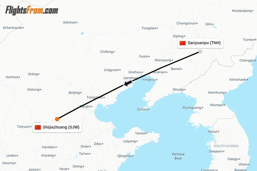 Flights from Sanyuanpu to Shijiazhuang route map