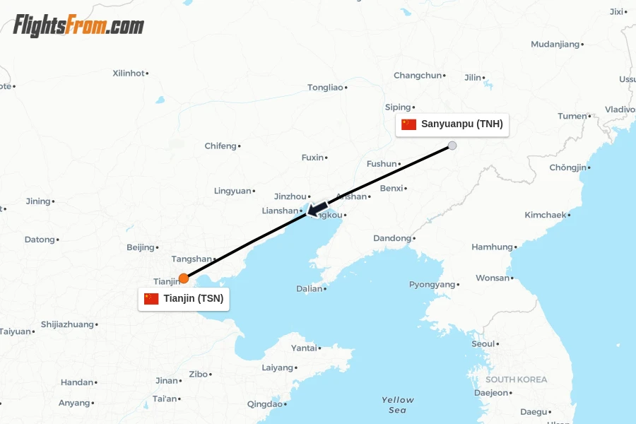 Flights from Sanyuanpu to Tianjin route map