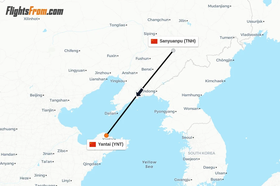 Flights from Sanyuanpu to Yantai route map