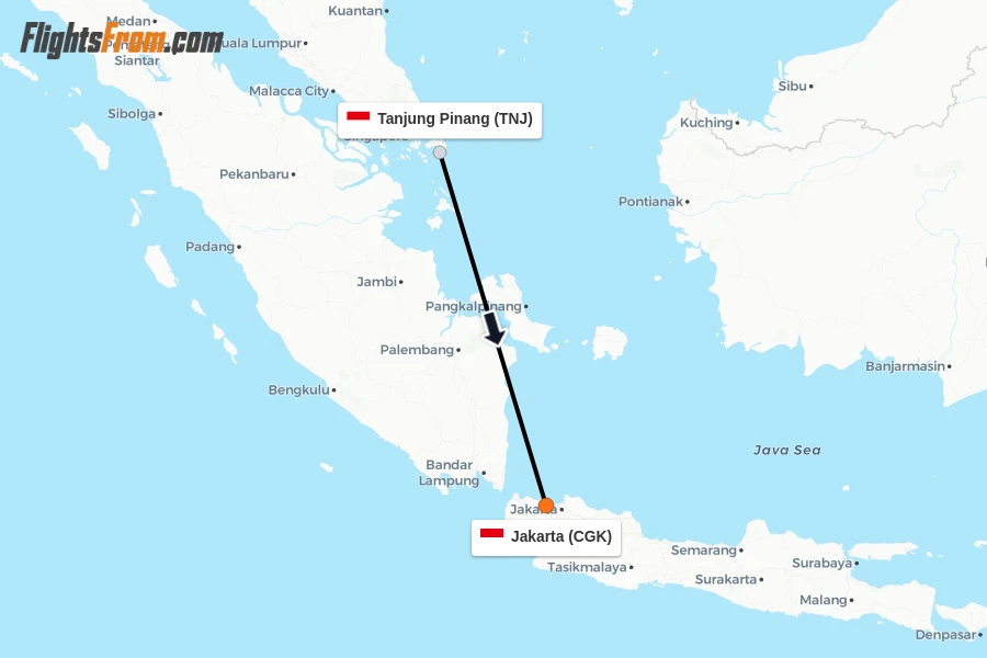 Flights from Tanjung Pinang to Jakarta route map