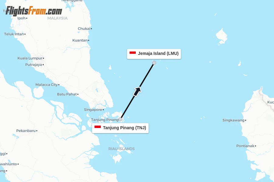 Flights from Tanjung Pinang to Jemaja Island route map