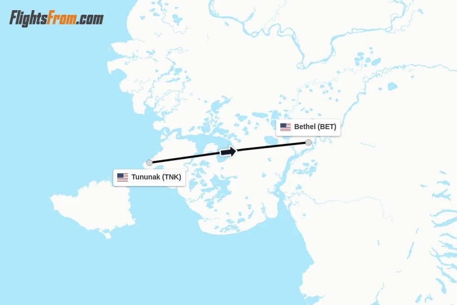 Flights from Tununak to Bethel route map
