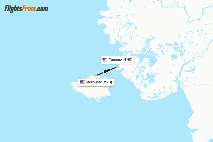 Flights from Tununak to Mekoryuk route map