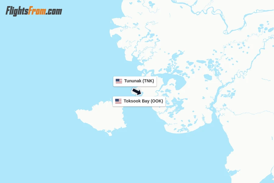 Flights from Tununak to Toksook Bay route map