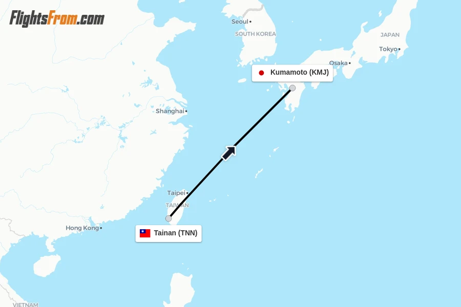 Flights from Tainan to Kumamoto route map