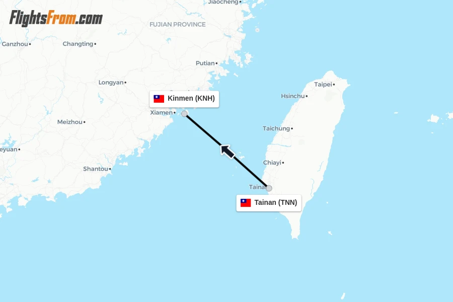 Flights from Tainan to Kinmen route map