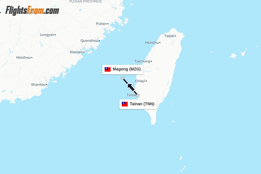 Flights from Tainan to Magong route map
