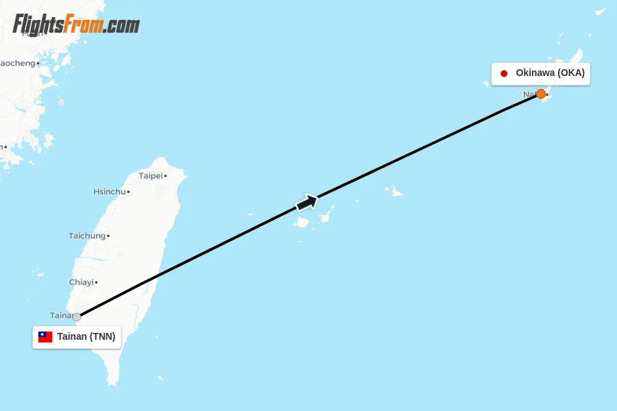 Flights from Tainan to Okinawa route map