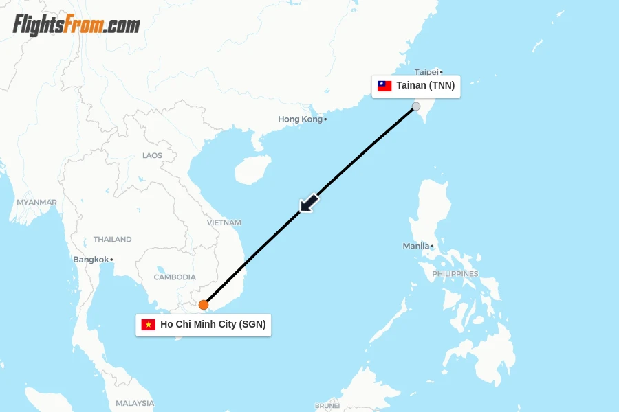 Flights from Tainan to Ho Chi Minh City route map