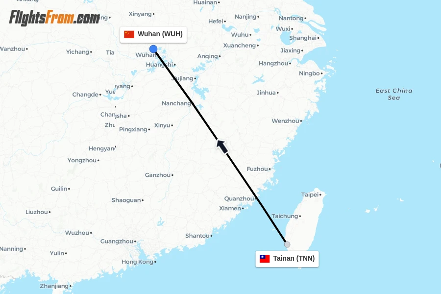 Flights from Tainan to Wuhan route map