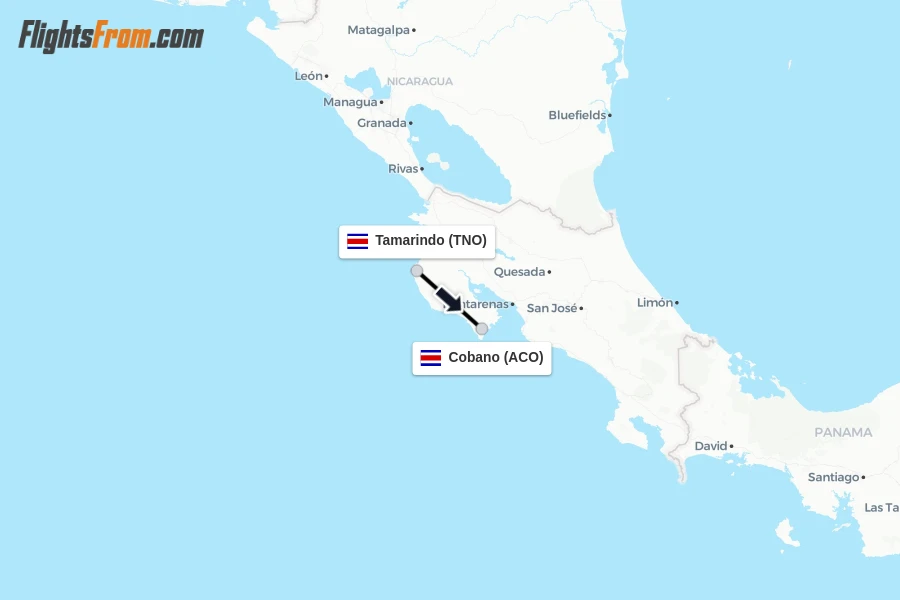 Flights from Tamarindo to Cobano route map