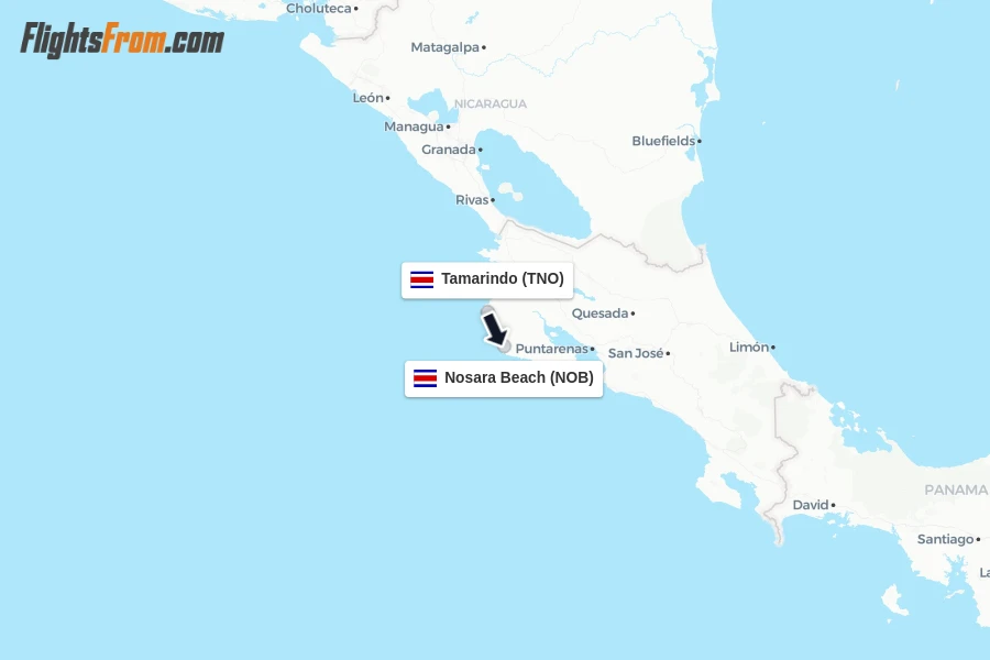 Flights from Tamarindo to Nosara Beach route map