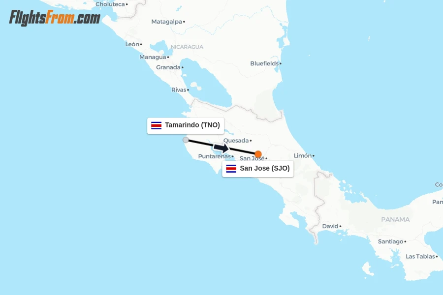 Flights from Tamarindo to San Jose route map