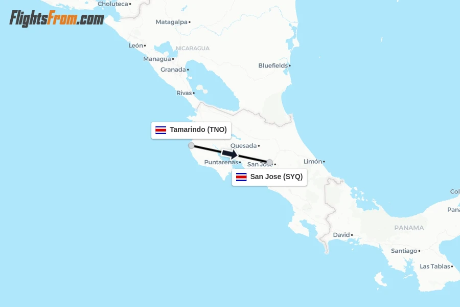 Flights from Tamarindo to San Jose route map