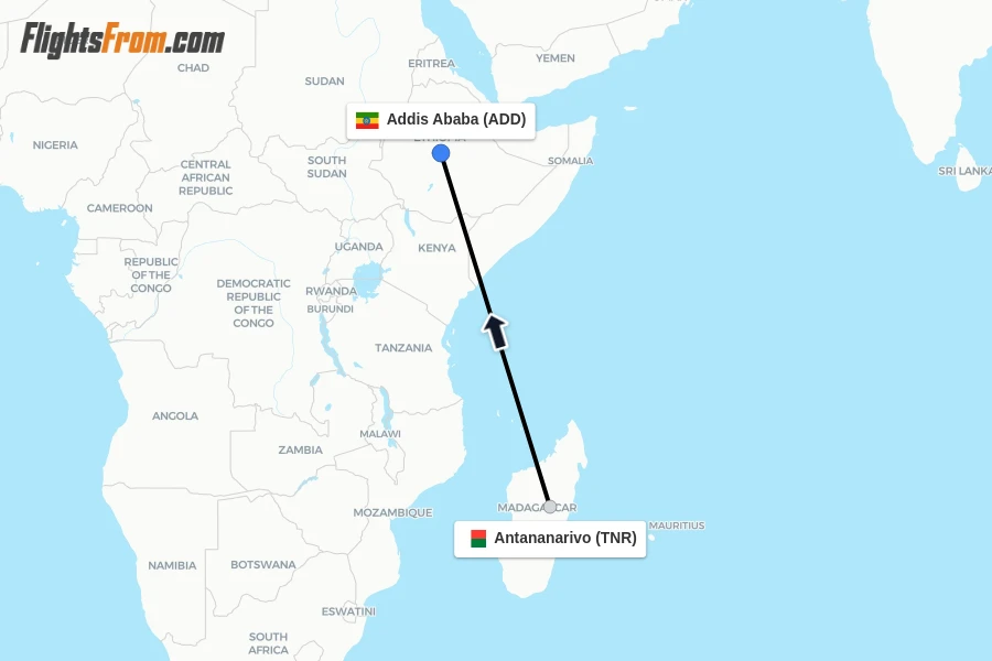 Flights from Antananarivo to Addis Ababa route map