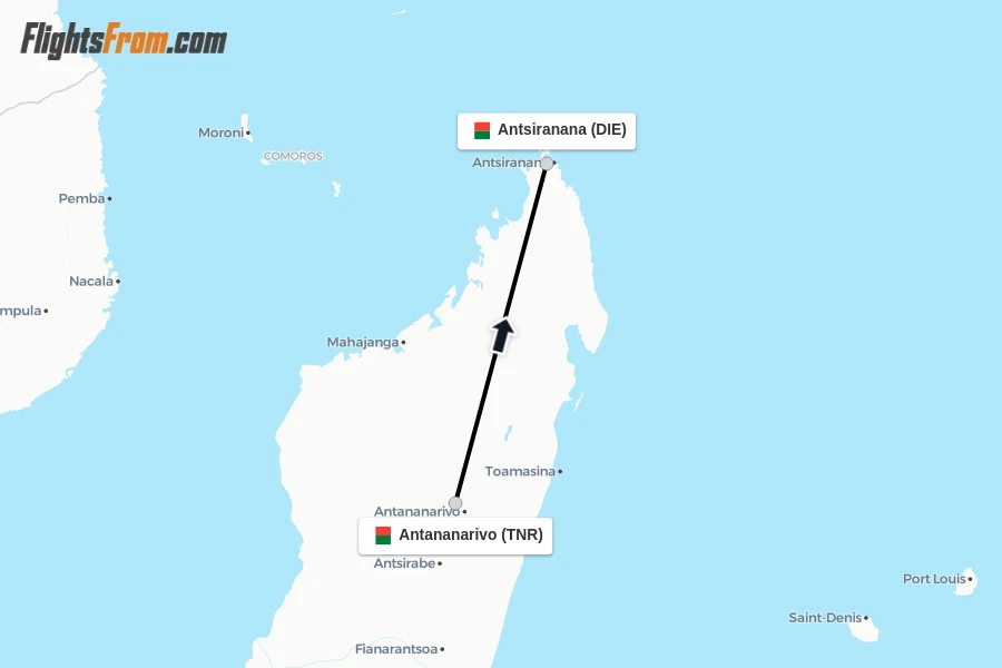 Flights from Antananarivo to Antsiranana route map