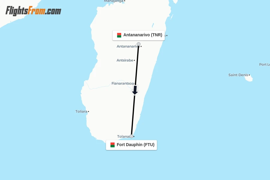 Flights from Antananarivo to Fort Dauphin route map