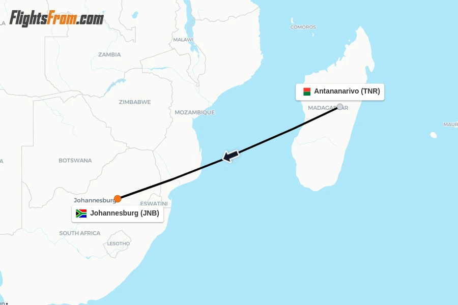 Flights from Antananarivo to Johannesburg route map