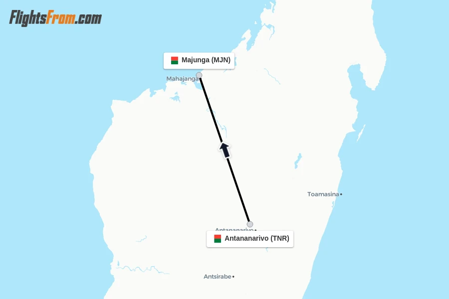 Flights from Antananarivo to Majunga route map
